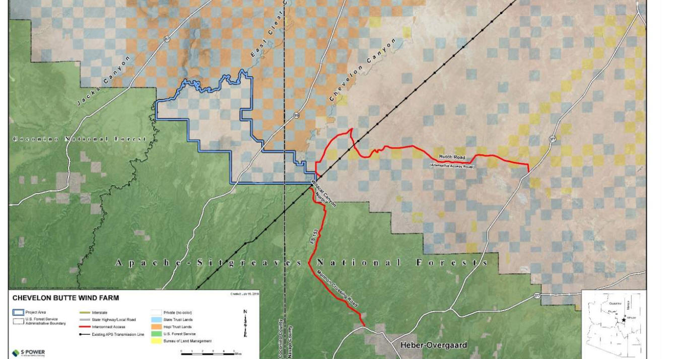 Map showing roads that would be used to haul in massive wind turbine blades across Chevelon Canyon Ranch and Chevelon Acres over private lands
